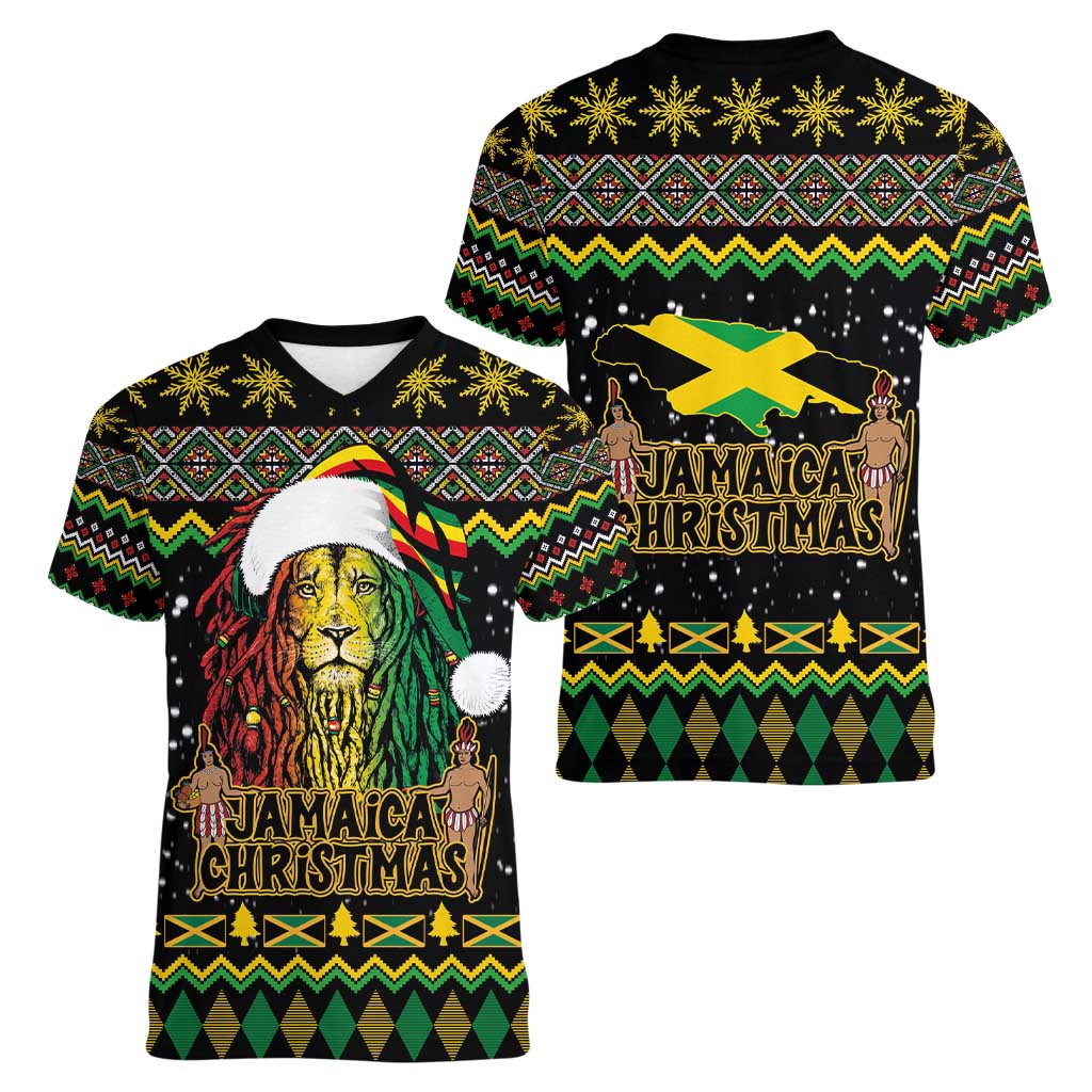 Jamaican Christmas Women V-Neck T-Shirt - Rastafarian Lion with Xmas Elements Reggae Style - Wonder Print Shop