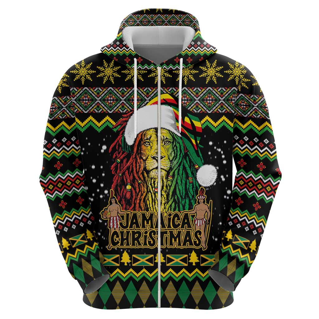 Jamaican Christmas Zip Hoodie - Rastafarian Lion with Xmas Elements Reggae Style - Wonder Print Shop