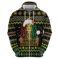 Jamaican Christmas Zip Hoodie - Rastafarian Lion with Xmas Elements Reggae Style - Wonder Print Shop