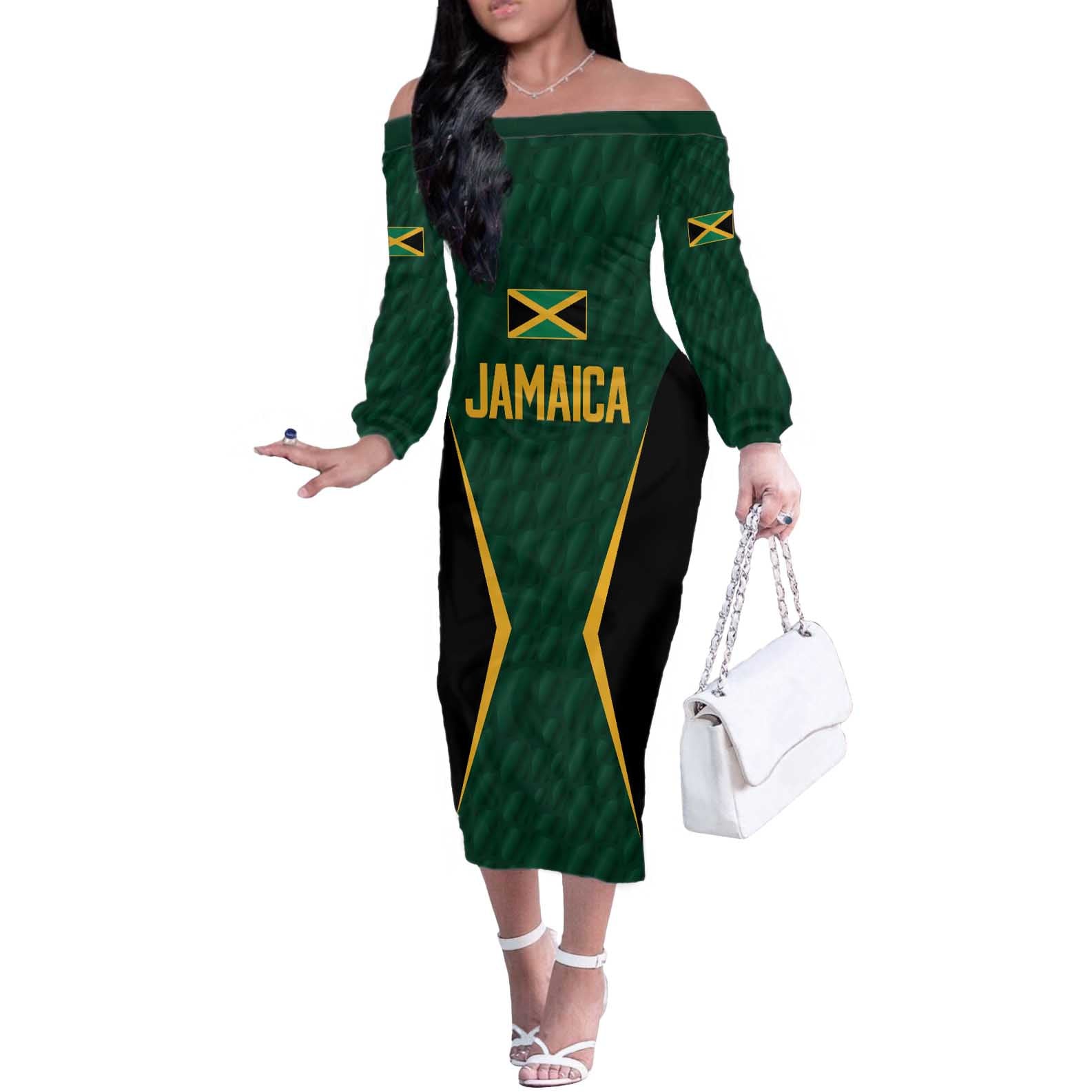 Custom Jamaican Cricket Jersey Special Edition 2024 Off The Shoulder Long Sleeve Dress - Wonder Print Shop