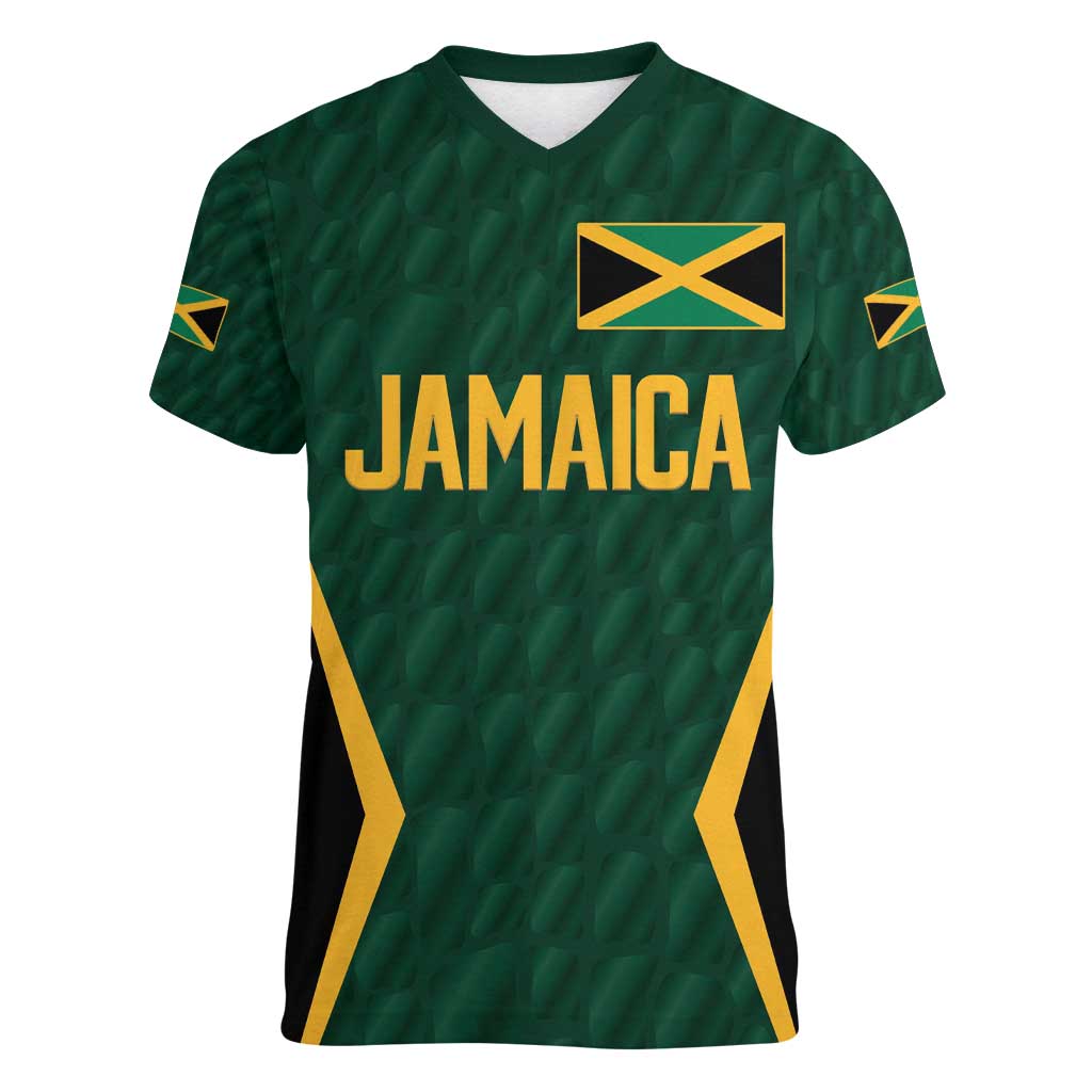 Custom Jamaican Cricket Jersey Special Edition 2024 Women V-Neck T-Shirt - Wonder Print Shop