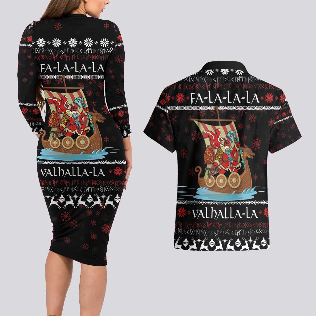 Vikings Christmas Couples Matching Long Sleeve Bodycon Dress and Hawaiian Shirt Santa Warrior on The Viking Ship with Xmas and Snowflake Pattern - Wonder Print Shop