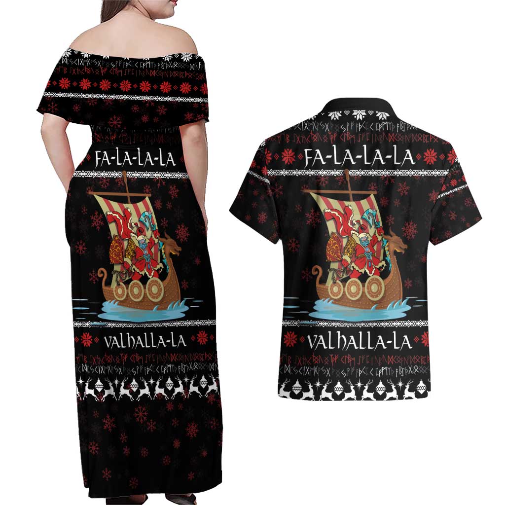 Vikings Christmas Couples Matching Off Shoulder Maxi Dress and Hawaiian Shirt Santa Warrior on The Viking Ship with Xmas and Snowflake Pattern - Wonder Print Shop