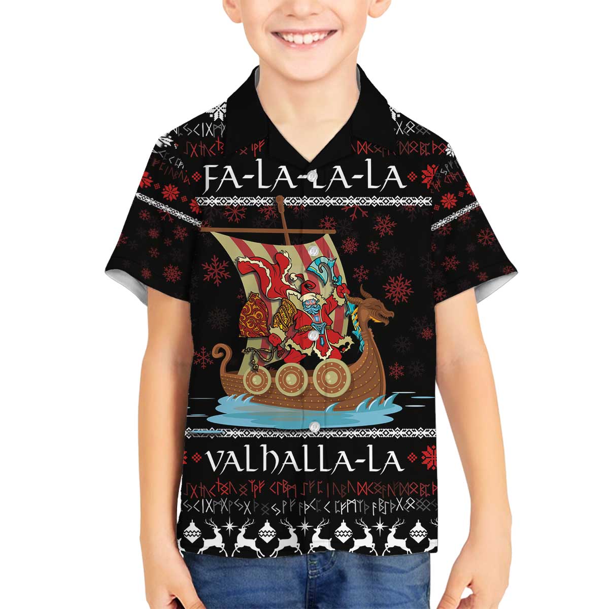 Vikings Christmas Family Matching Off The Shoulder Long Sleeve Dress and Hawaiian Shirt Santa Warrior on The Viking Ship with Xmas and Snowflake Pattern - Wonder Print Shop