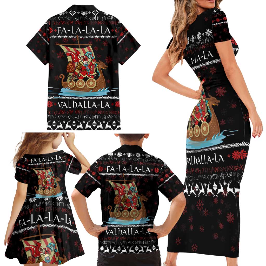 Vikings Christmas Family Matching Short Sleeve Bodycon Dress and Hawaiian Shirt Santa Warrior on The Viking Ship with Xmas and Snowflake Pattern - Wonder Print Shop