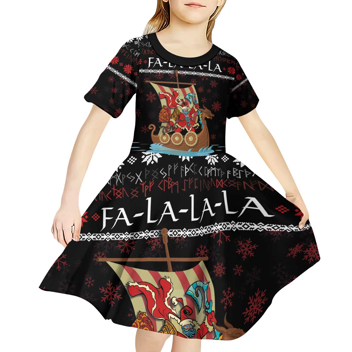 Vikings Christmas Kid Short Sleeve Dress Santa Warrior on The Viking Ship with Xmas and Snowflake Pattern - Wonder Print Shop