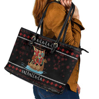 Vikings Christmas Leather Tote Bag Santa Warrior on The Viking Ship with Xmas and Snowflake Pattern - Wonder Print Shop