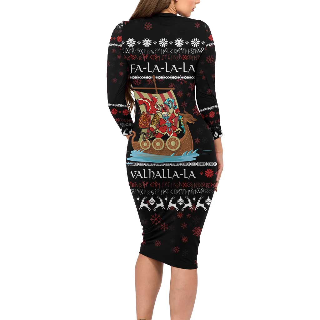 Vikings Christmas Long Sleeve Bodycon Dress Santa Warrior on The Viking Ship with Xmas and Snowflake Pattern - Wonder Print Shop