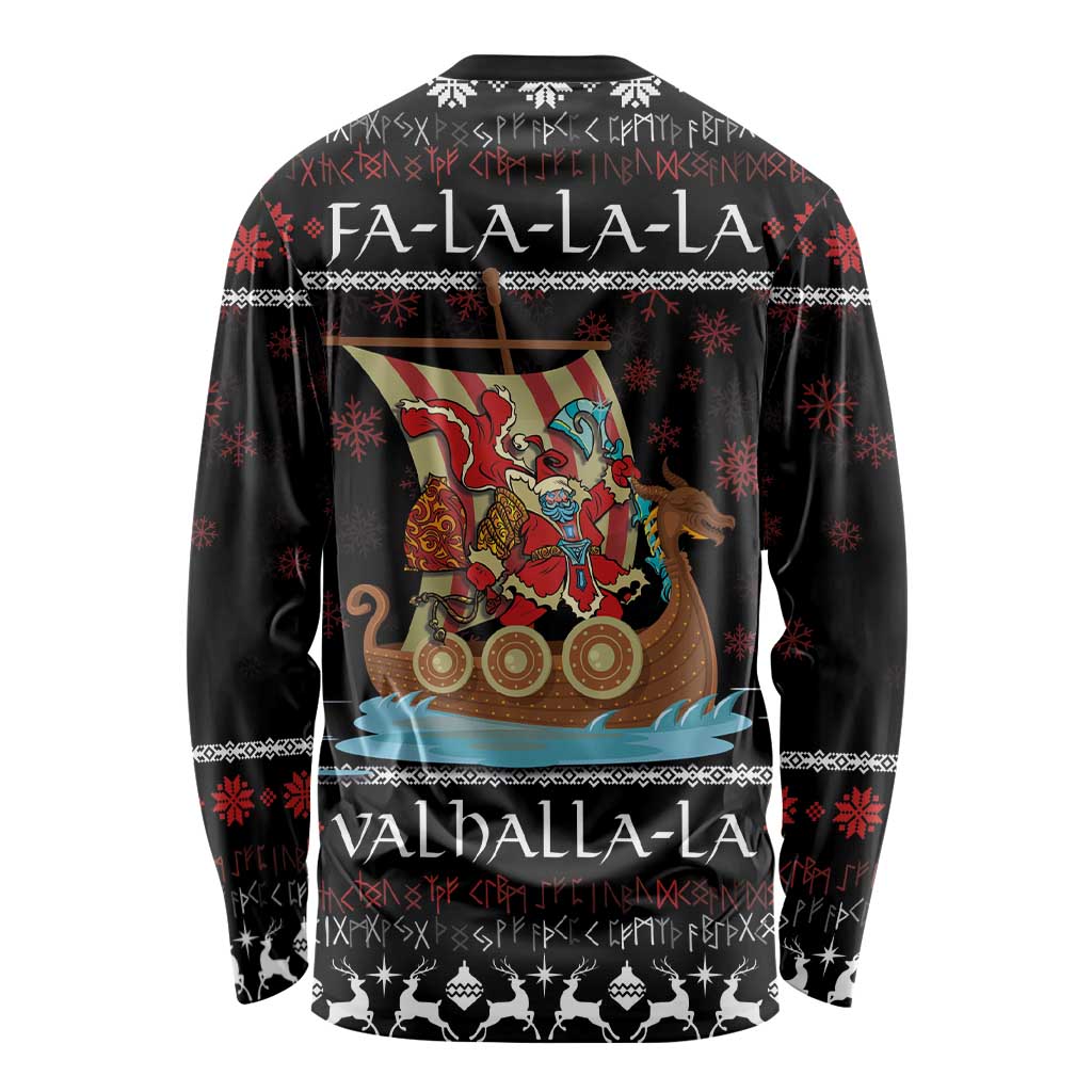 Vikings Christmas Long Sleeve Shirt Santa Warrior on The Viking Ship with Xmas and Snowflake Pattern - Wonder Print Shop