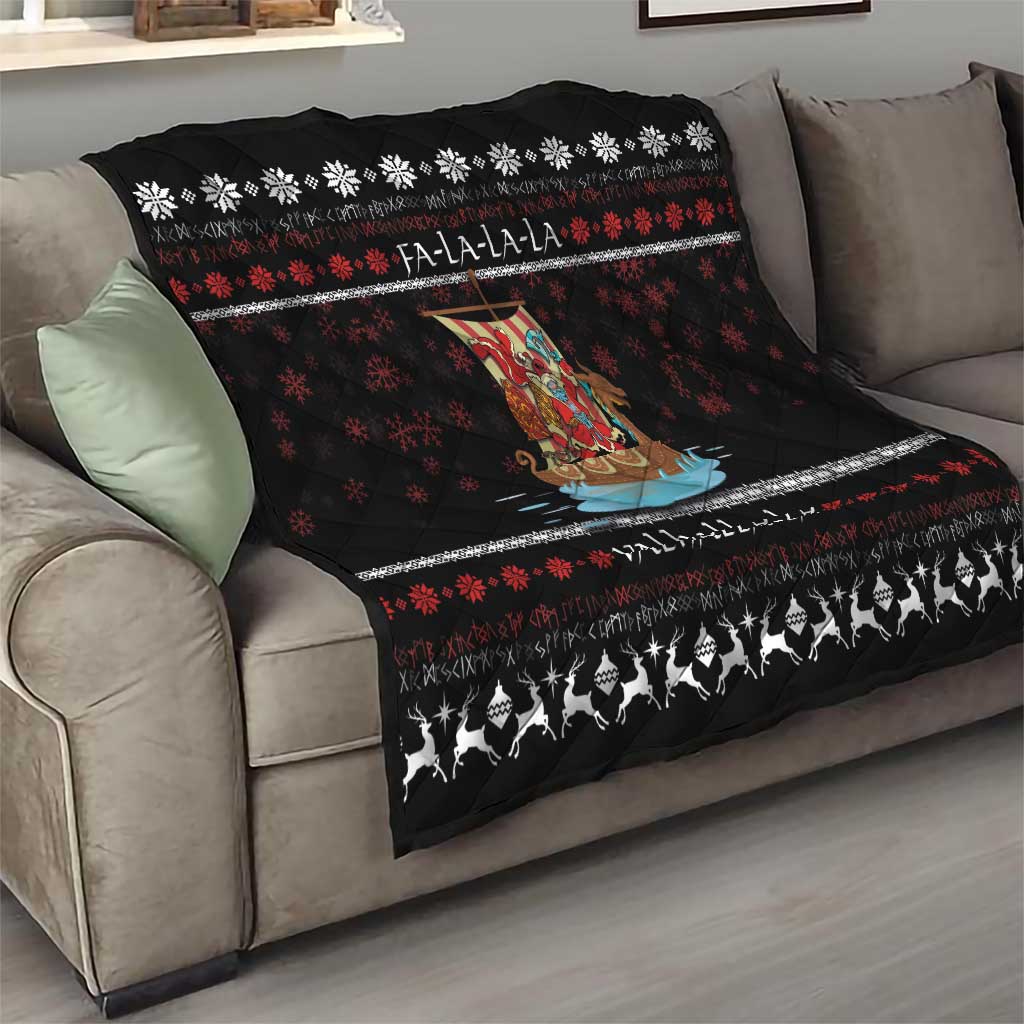 Vikings Christmas Quilt Santa Warrior on The Viking Ship with Xmas and Snowflake Pattern - Wonder Print Shop