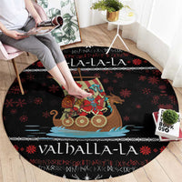 Vikings Christmas Round Carpet Santa Warrior on The Viking Ship with Xmas and Snowflake Pattern