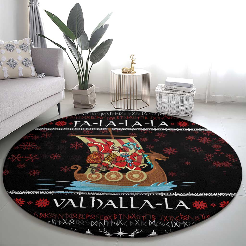 Vikings Christmas Round Carpet Santa Warrior on The Viking Ship with Xmas and Snowflake Pattern