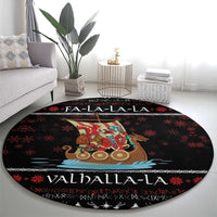 Vikings Christmas Round Carpet Santa Warrior on The Viking Ship with Xmas and Snowflake Pattern