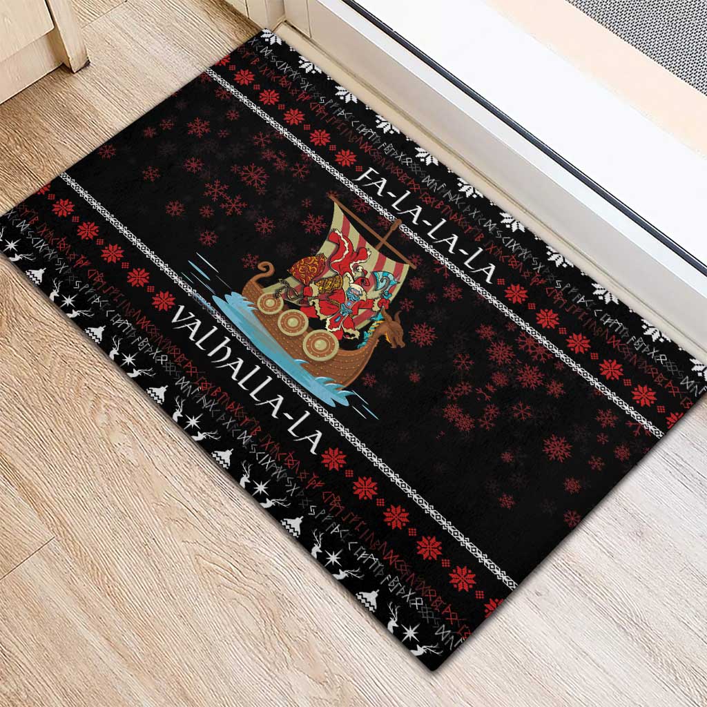 Vikings Christmas Rubber Doormat Santa Warrior on The Viking Ship with Xmas and Snowflake Pattern - Wonder Print Shop