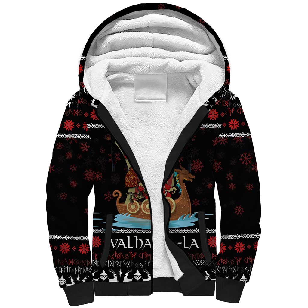 Vikings Christmas Sherpa Hoodie Santa Warrior on The Viking Ship with Xmas and Snowflake Pattern - Wonder Print Shop