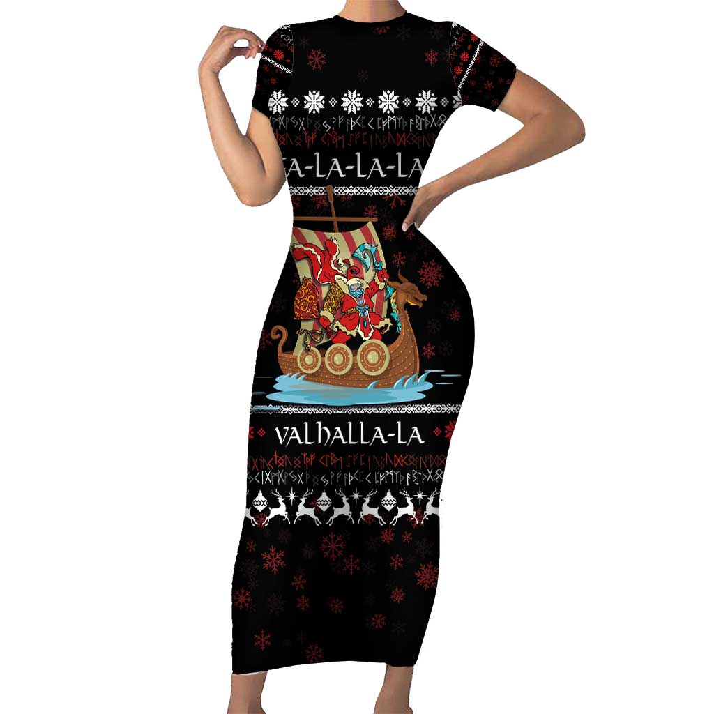 Vikings Christmas Short Sleeve Bodycon Dress Santa Warrior on The Viking Ship with Xmas and Snowflake Pattern - Wonder Print Shop