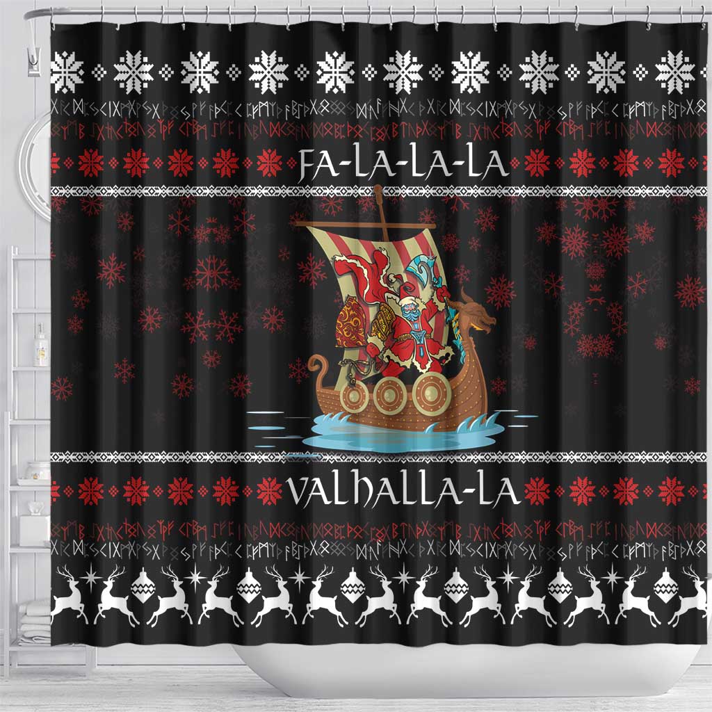 Vikings Christmas Shower Curtain Santa Warrior on The Viking Ship with Xmas and Snowflake Pattern
