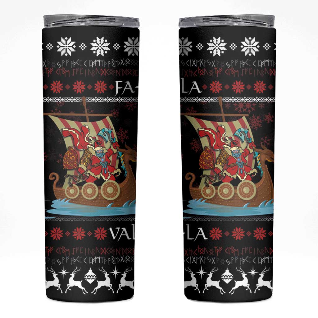 Vikings Christmas Skinny Tumbler Santa Warrior on The Viking Ship with Xmas and Snowflake Pattern - Wonder Print Shop