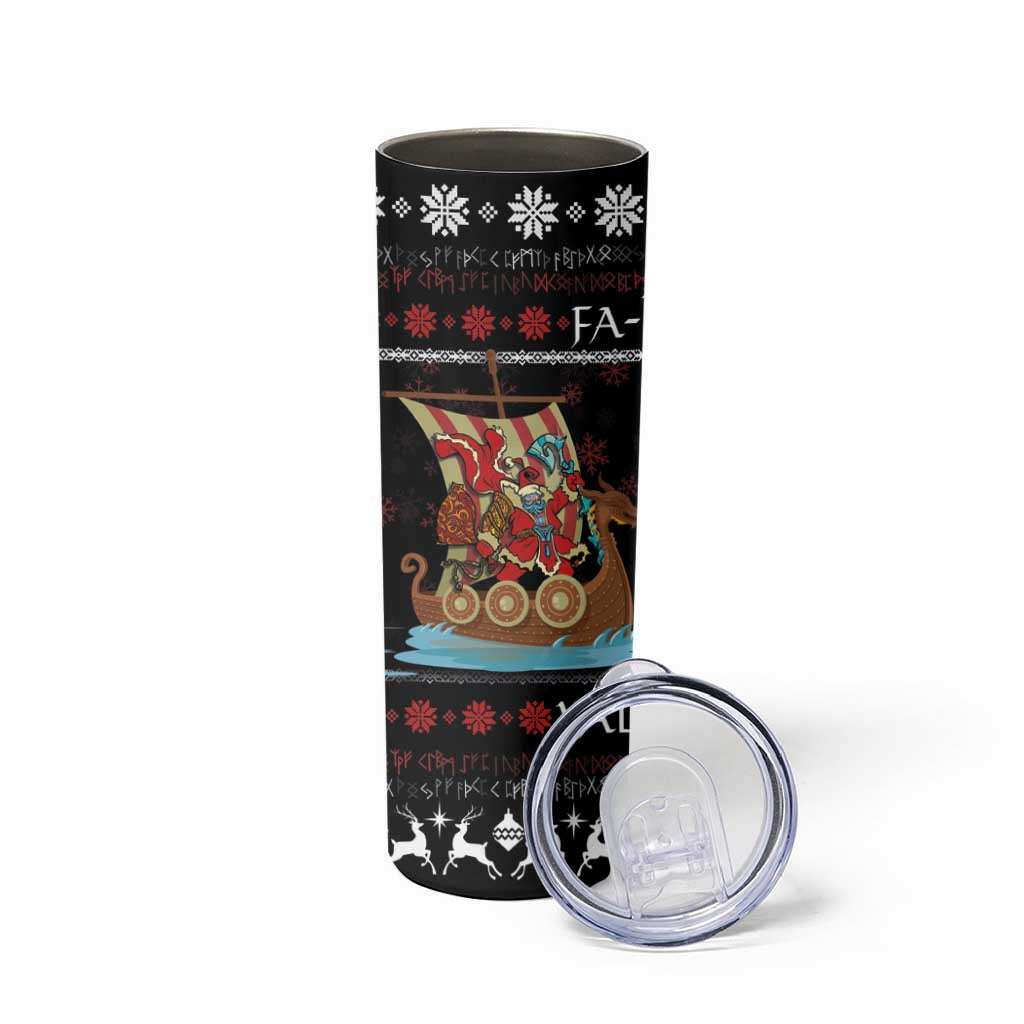 Vikings Christmas Skinny Tumbler Santa Warrior on The Viking Ship with Xmas and Snowflake Pattern - Wonder Print Shop