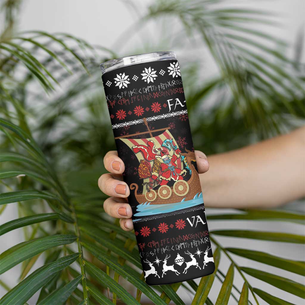 Vikings Christmas Skinny Tumbler Santa Warrior on The Viking Ship with Xmas and Snowflake Pattern - Wonder Print Shop