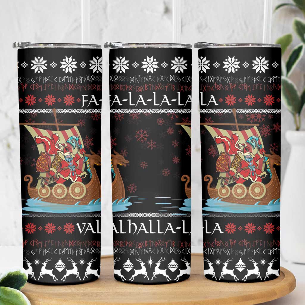 Vikings Christmas Skinny Tumbler Santa Warrior on The Viking Ship with Xmas and Snowflake Pattern - Wonder Print Shop