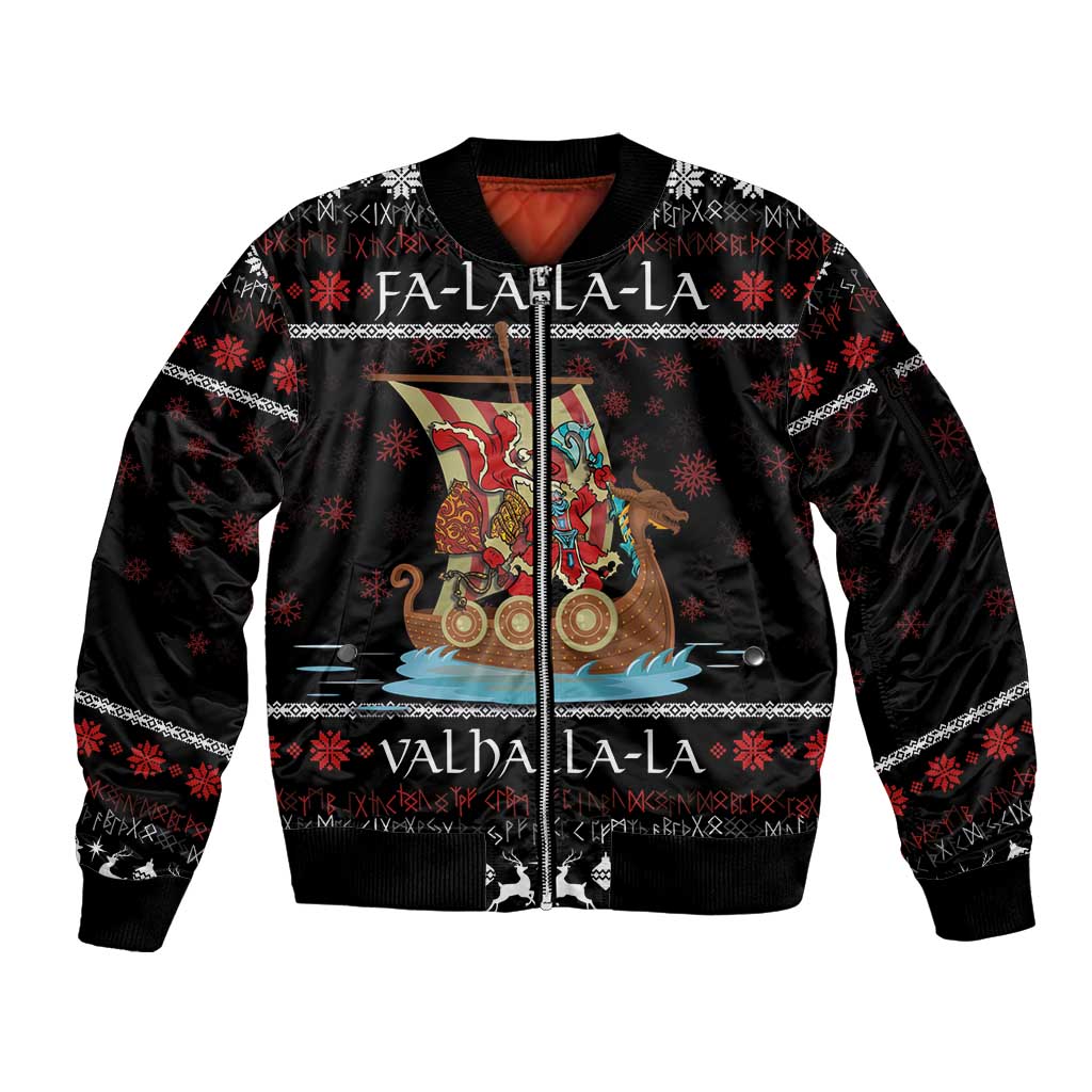 Vikings Christmas Sleeve Zip Bomber Jacket Santa Warrior on The Viking Ship with Xmas and Snowflake Pattern - Wonder Print Shop