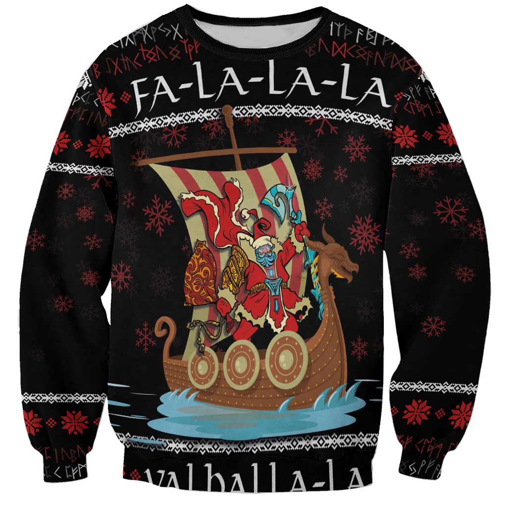 Vikings Christmas Sweatshirt Santa Warrior on The Viking Ship with Xmas and Snowflake Pattern - Wonder Print Shop