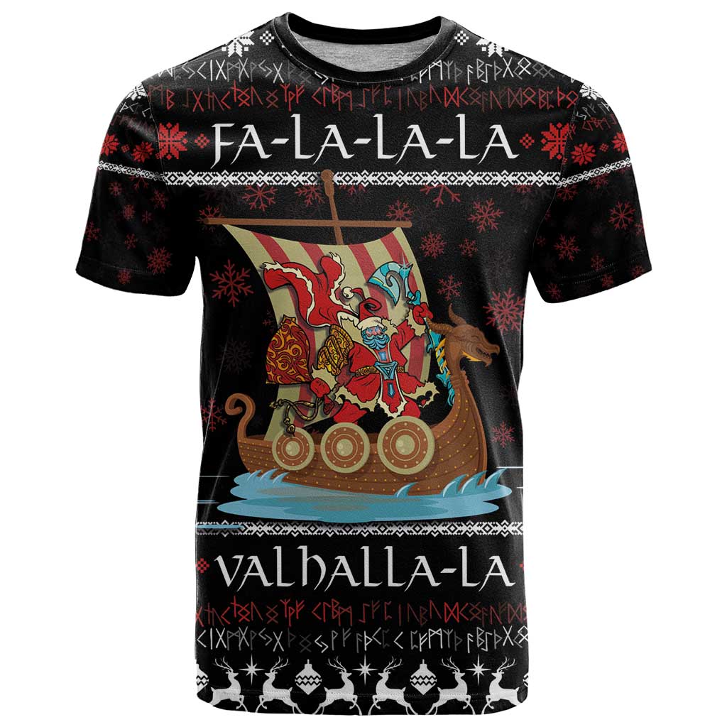 Vikings Christmas T Shirt Santa Warrior on The Viking Ship with Xmas and Snowflake Pattern - Wonder Print Shop