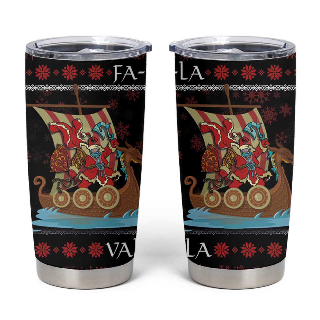 Vikings Christmas Tumbler Cup Santa Warrior on The Viking Ship with Xmas and Snowflake Pattern - Wonder Print Shop