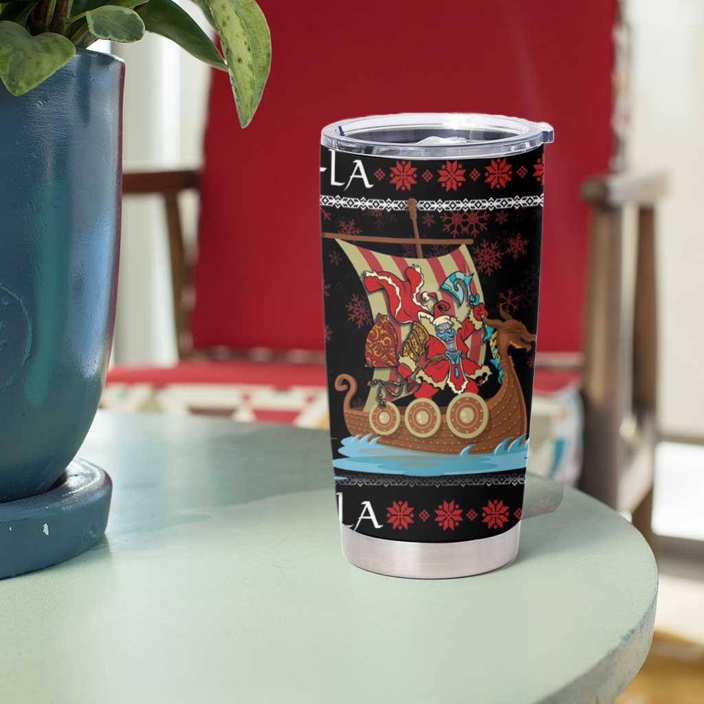 Vikings Christmas Tumbler Cup Santa Warrior on The Viking Ship with Xmas and Snowflake Pattern - Wonder Print Shop