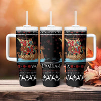 Vikings Christmas Tumbler With Handle Santa Warrior on The Viking Ship with Xmas and Snowflake Pattern - Wonder Print Shop