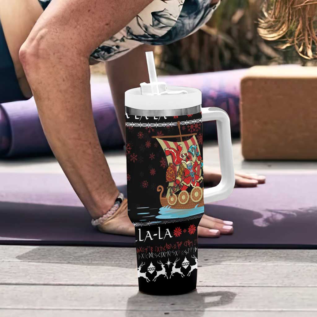 Vikings Christmas Tumbler With Handle Santa Warrior on The Viking Ship with Xmas and Snowflake Pattern - Wonder Print Shop