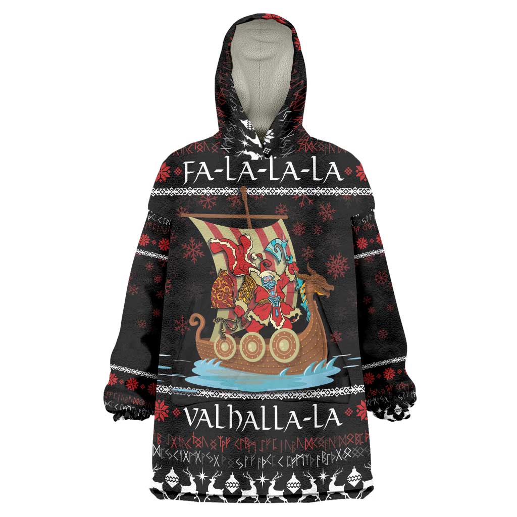 Vikings Christmas Wearable Blanket Hoodie Santa Warrior on The Viking Ship with Xmas and Snowflake Pattern - Wonder Print Shop