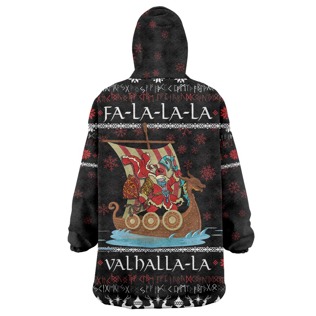 Vikings Christmas Wearable Blanket Hoodie Santa Warrior on The Viking Ship with Xmas and Snowflake Pattern - Wonder Print Shop
