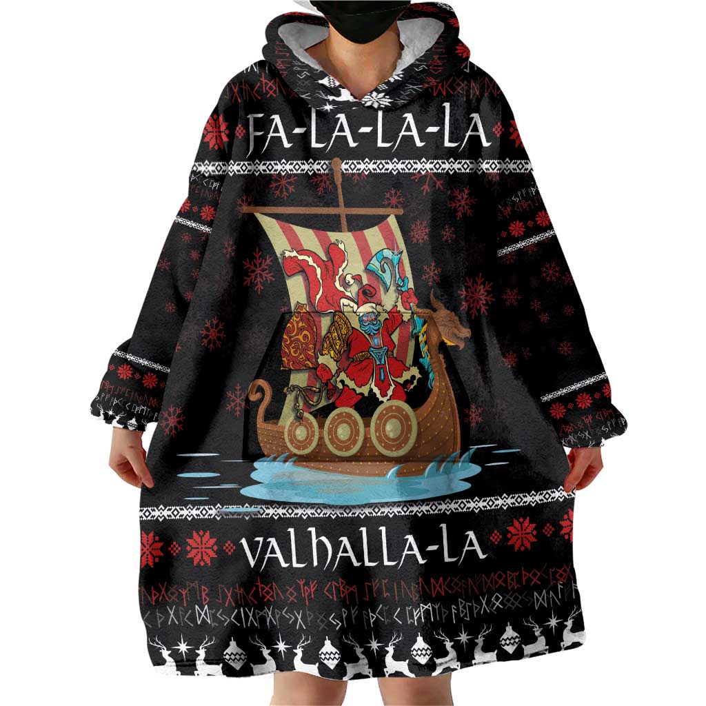 Vikings Christmas Wearable Blanket Hoodie Santa Warrior on The Viking Ship with Xmas and Snowflake Pattern - Wonder Print Shop