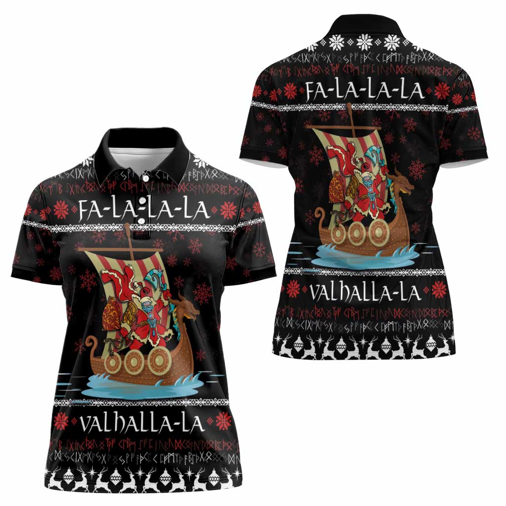 Vikings Christmas Women Polo Shirt Santa Warrior on The Viking Ship with Xmas and Snowflake Pattern - Wonder Print Shop