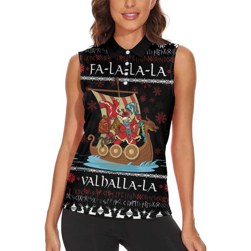 Vikings Christmas Women Sleeveless Polo Shirt Santa Warrior on The Viking Ship with Xmas and Snowflake Pattern - Wonder Print Shop