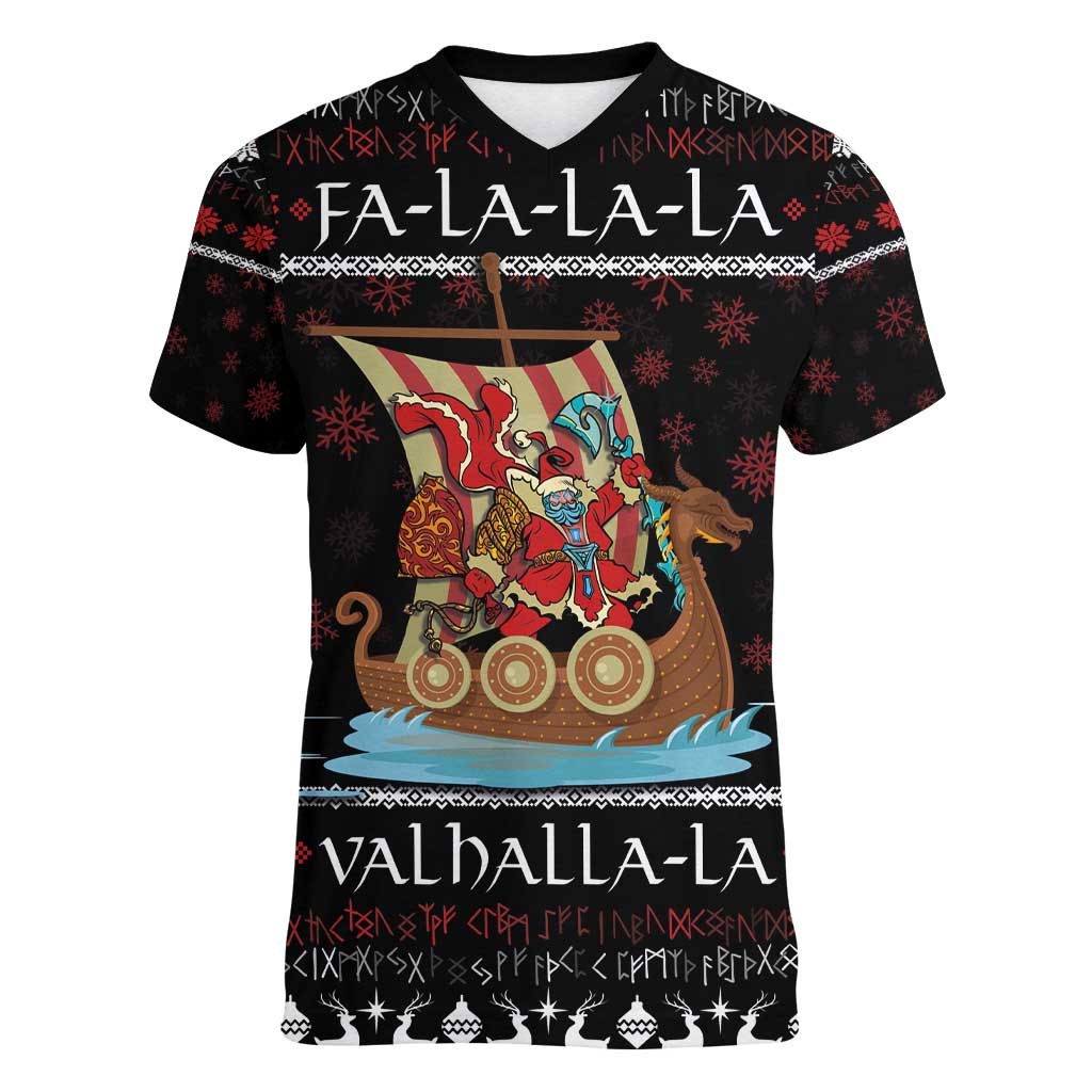 Vikings Christmas Women V-Neck T-Shirt Santa Warrior on The Viking Ship with Xmas and Snowflake Pattern - Wonder Print Shop
