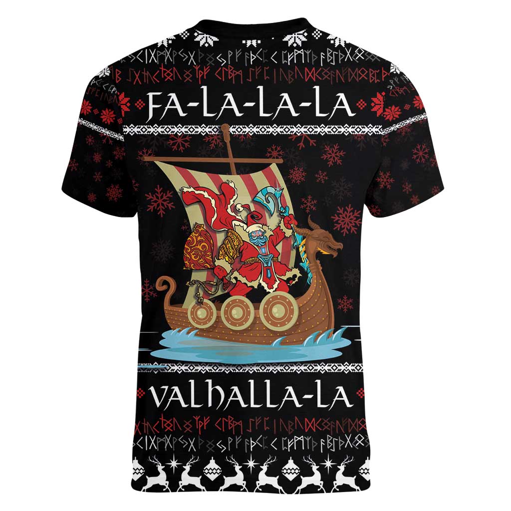 Vikings Christmas Women V-Neck T-Shirt Santa Warrior on The Viking Ship with Xmas and Snowflake Pattern - Wonder Print Shop