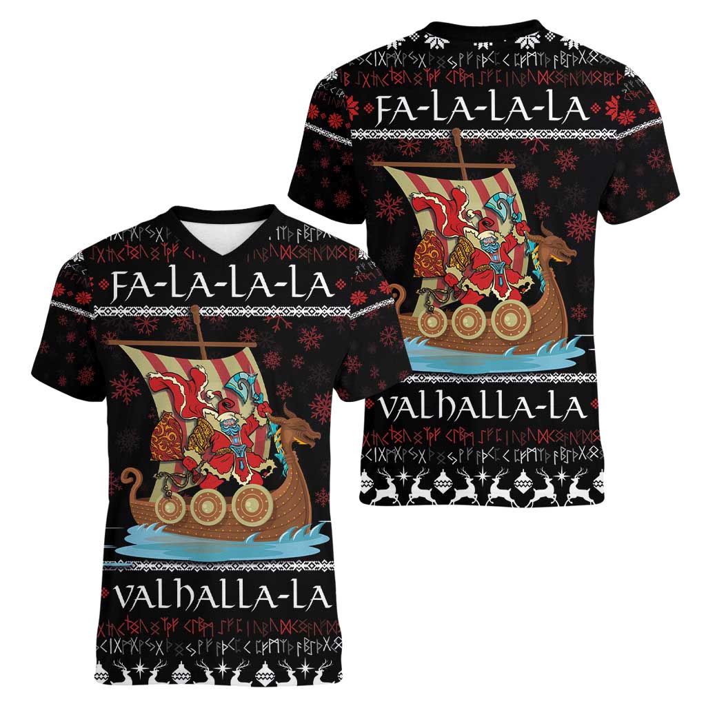 Vikings Christmas Women V-Neck T-Shirt Santa Warrior on The Viking Ship with Xmas and Snowflake Pattern - Wonder Print Shop