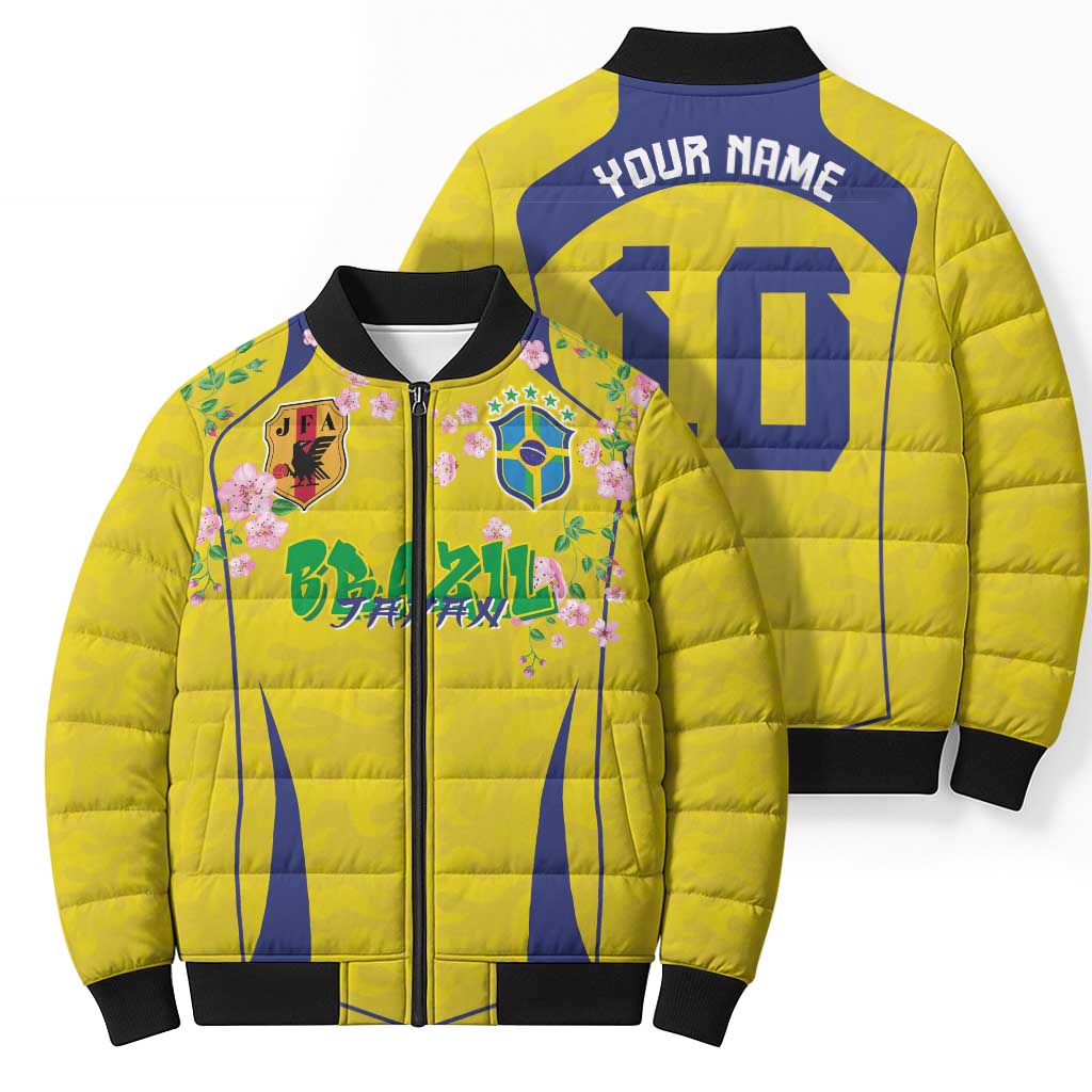 Custom Brazil Mashup Japan Football Cultural Bomber Puffer Jacket - Wonder Print Shop