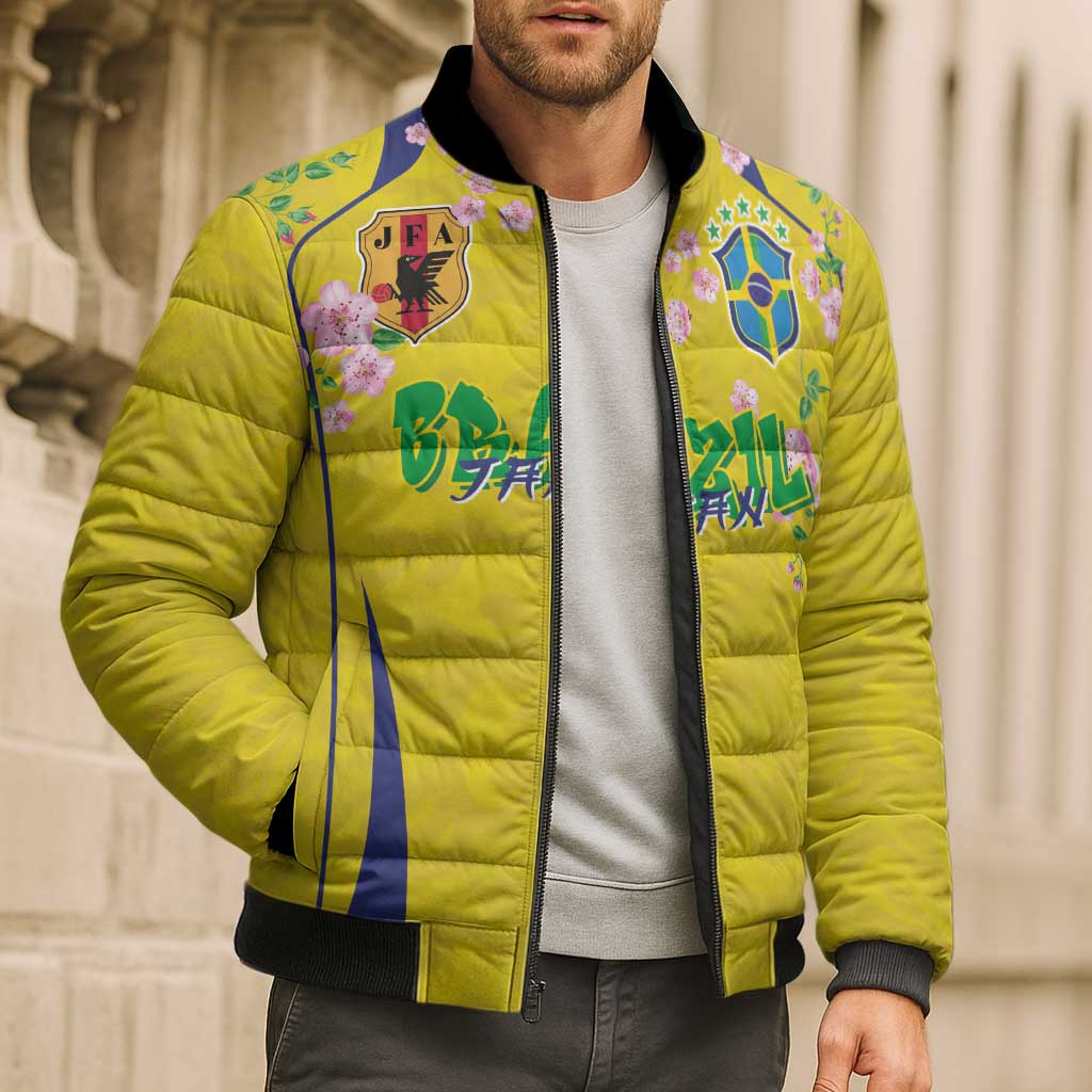Custom Brazil Mashup Japan Football Cultural Bomber Puffer Jacket - Wonder Print Shop