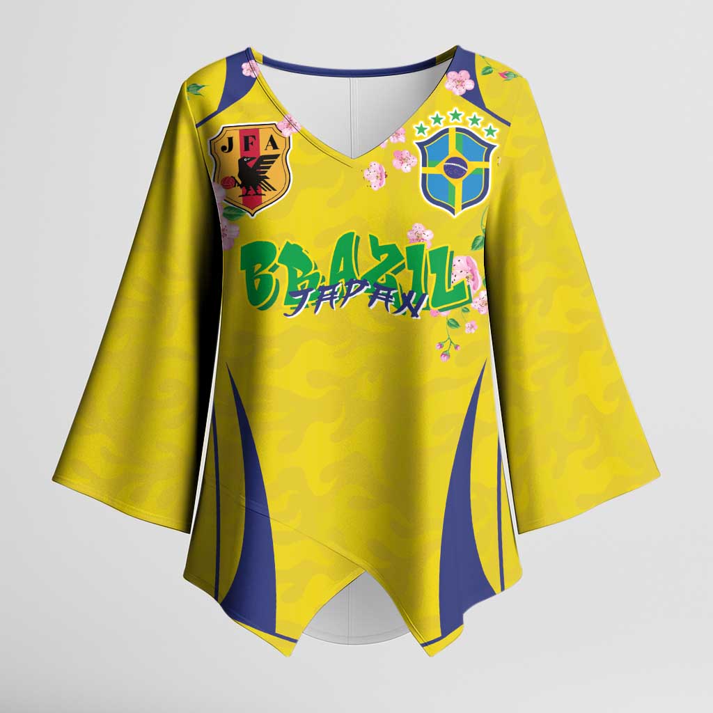 Custom Brazil Mashup Japan Football Cultural Kimono Sleeve Blouse - Wonder Print Shop