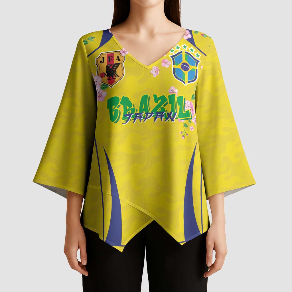 Custom Brazil Mashup Japan Football Cultural Kimono Sleeve Blouse - Wonder Print Shop