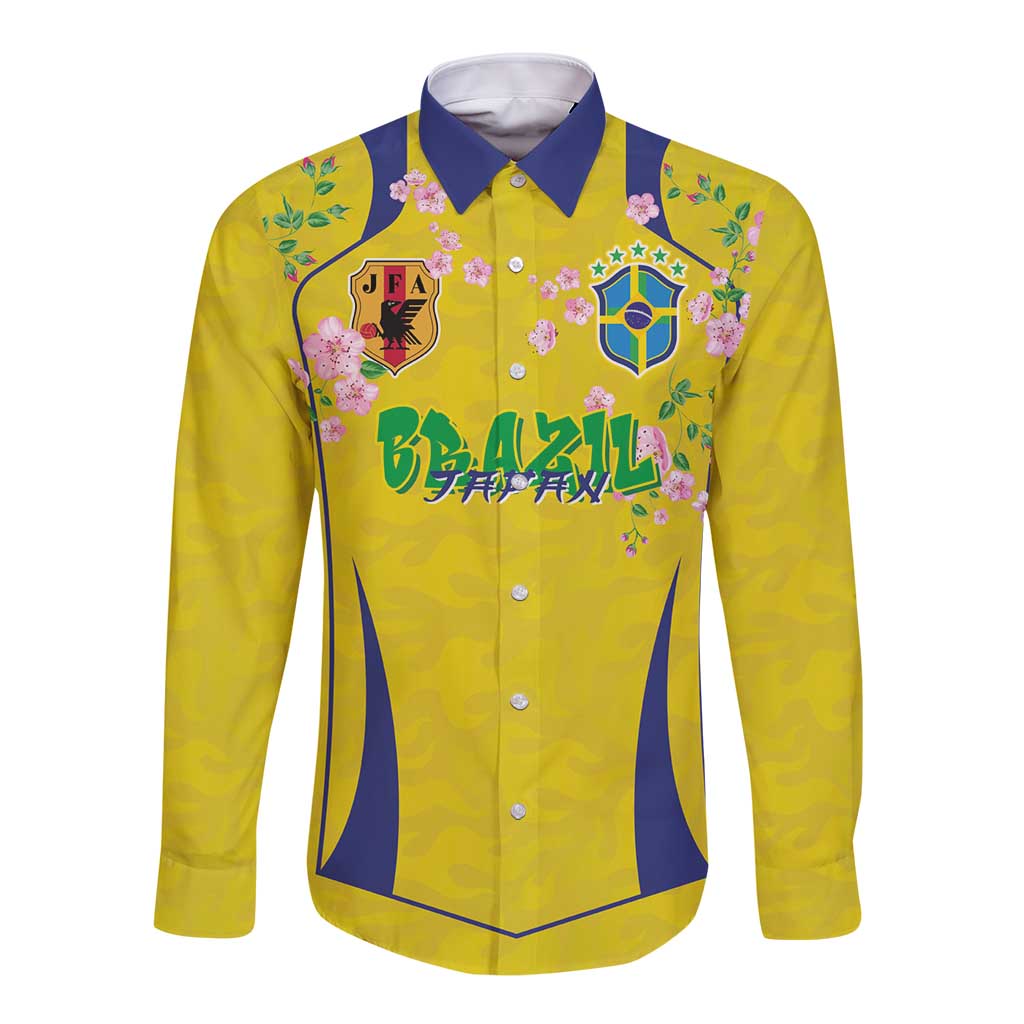 Custom Brazil Mashup Japan Football Cultural Long Sleeve Button Shirt - Wonder Print Shop