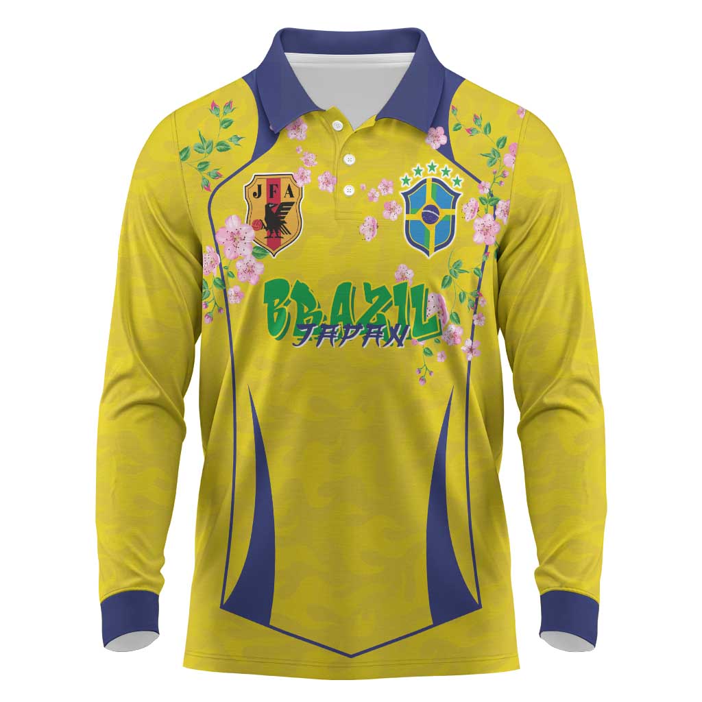Custom Brazil Mashup Japan Football Cultural Long Sleeve Polo Shirt - Wonder Print Shop