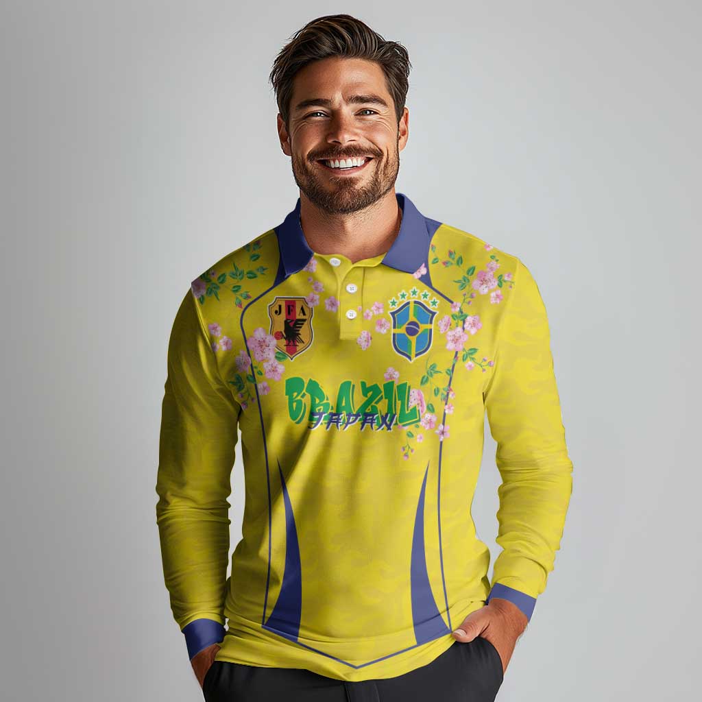 Custom Brazil Mashup Japan Football Cultural Long Sleeve Polo Shirt - Wonder Print Shop