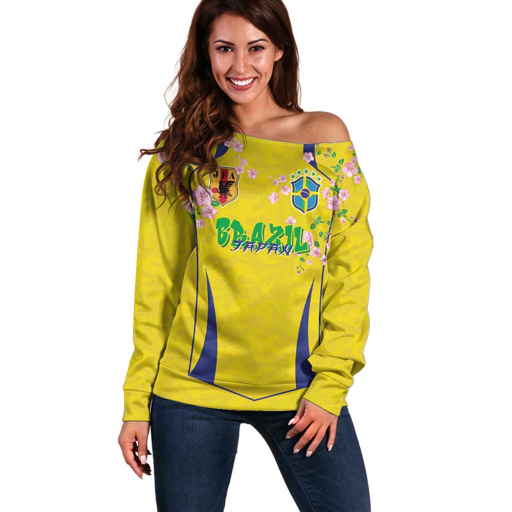 Custom Brazil Mashup Japan Football Cultural Off Shoulder Sweater - Wonder Print Shop