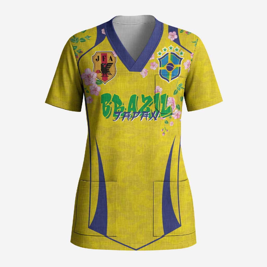 Custom Brazil Mashup Japan Football Cultural Scrub Top - Wonder Print Shop