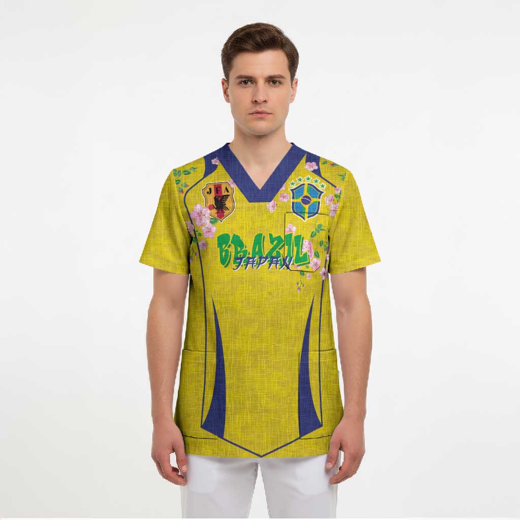 Custom Brazil Mashup Japan Football Cultural Scrub Top - Wonder Print Shop
